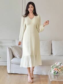 DAZY Elegant enfärgad spetsklänning med lapptäcke för kvinnor, mellanlång klänning för vår/sommar, sommarklänning för bröllopsgäster - Beige - Visa 5