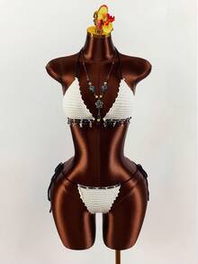 Amplova 两件套女士针织套装，黑白撞色，性感沙滩贝壳装饰，适合海滩度假 - 黑與白 - 查看 6