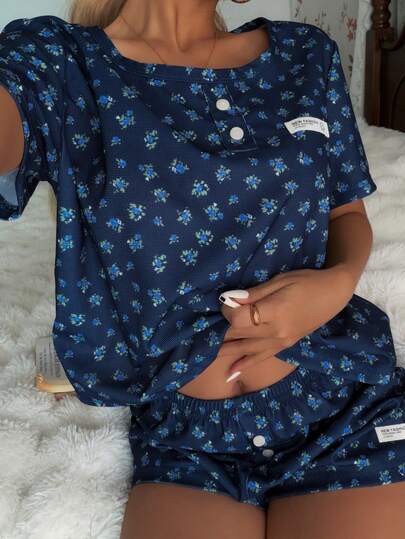 SHEIN 乡村风女士睡衣套装，藏蓝色浪漫碎花短袖短裤