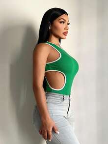 SHEIN SXY 女士夏季休闲性感黑白撞色连体衣，运动风上衣 - 綠色 - 查看 6