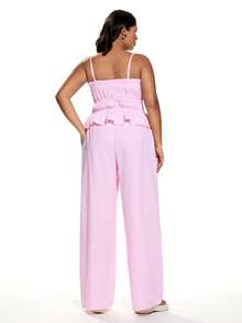 Solavibe Bộ đồ đôi nữ cỡ lớn gồm áo hai dây xếp ly eo, gấu quần xếp nếp và quần ống rộng, kiểu dáng thường ngày. - Hồng - Xem 2