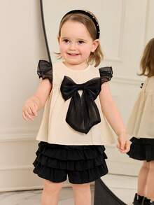 SHEIN Top décontracté pour bébé fille avec col rond, nœud 3D et volants contrastés - Multicolore - Voir 3