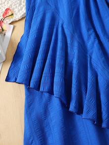 SHEIN Teen Girl Casual Vacation Solid Blue Woven Textured Flutter Sleeve Asymmetrical Ruffle Hem A-Line Dress, Spring/Summer - Blue - View 8