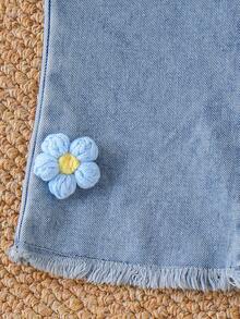 SHEIN Bộ đồ cho bé gái gồm áo tay dài và quần jean kẻ sọc họa tiết hoa dễ thương. - Màu xanh lam - Xem 8