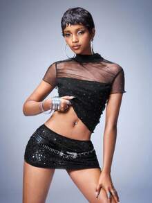 Y2Kool BiGraphic 女士水钻撞色网纱高领时尚短款T恤 - 黑色 - 查看 6