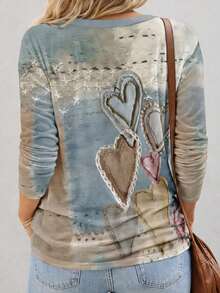 EMERY ROSE Camiseta de manga larga con cuello redondo con estampado de corazón de amor de sal marina romántica, adecuada para primavera y otoño, de moda casual y sencilla - Multicolor - Ver 2