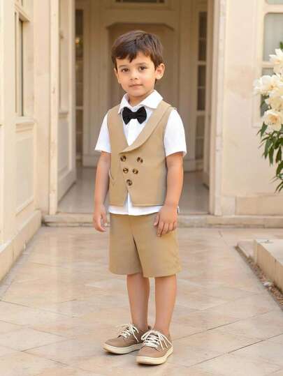 Elegant Boys Khaki Polyester Vest Shorts Suit Outfit With Shirt Collar Regular Sleeve Double Button Details