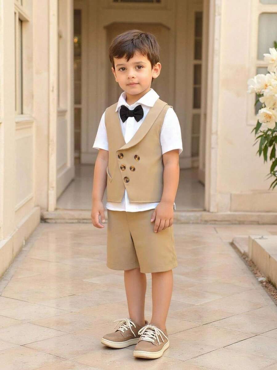 Elegant Boys Khaki Polyester Vest Shorts Suit Outfit With Shirt Collar Regular Sleeve Double Button Details