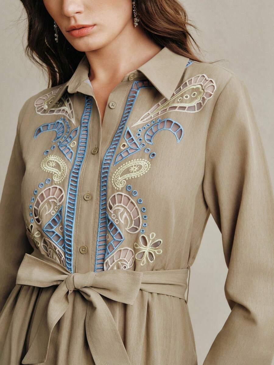 Anewsta 女士优雅刺绣镂空腰果花收腰长袖衬衫裙 女士刺绣连衣裙 波西米亚风连衣裙 - 綠色 - 查看 1