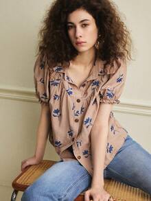 Écloséra 女士优雅衬衫，通勤衬衫，法式刺绣衬衫，V领衬衫，短袖衬衫，撞色衬衫，春夏衬衫 - 卡其色 - 查看 1