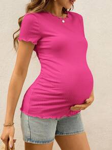 SHEIN Top de manga corta ajustado con borde de lechuga acanalado para maternidad - Rosa Fucsia - Ver 7