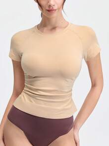 Loungeista 1件女款百褶胸衣式竹纖維短袖修身塑身上衣，顯瘦透氣舒適夏季T恤 - 米色 - 查看 4
