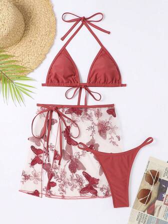 2 pièces Ensemble de bikini sexy à col ras-du-cou de couleur unie pour femmes avec cache-maillot en maille brodée papillon et mini-jupe pour l'été à la plage