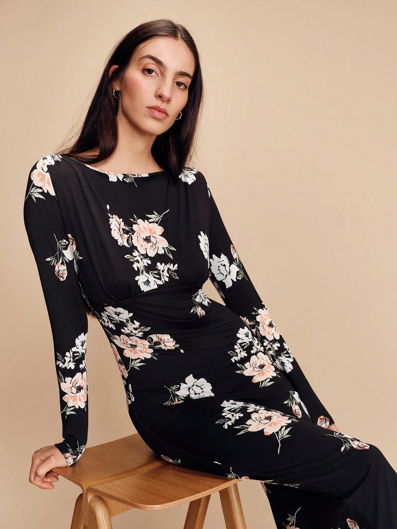 Floral Printed Gathered Waisted Long Sleeve Midi Dress Vintage Style Spring Summer Going Out Date Night Dress Black Floral Dress Floral Midi Dress