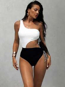 Swim SXY New Women One-Piece Swimsuit, Black & White Patchwork Halter Tie-Up Swimwear - Black and White - View 6