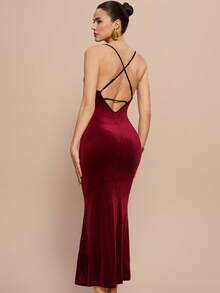 Leighera 优雅女士红色连衣裙，适合新年假日派对穿着，酒红色天鹅绒长款女装 - 酒紅色 - 查看 2