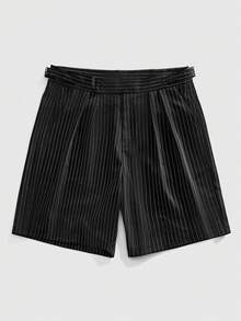 ROMWE MEN Prep Men's Striped Pleated Loose Casual Shorts - Black - View 1
