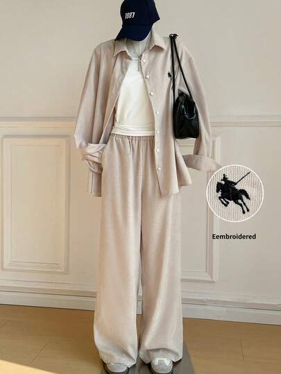 SHEIN EZwear 2 piezas Conjunto de camisa y pantalones de pana, Otoño/Invierno