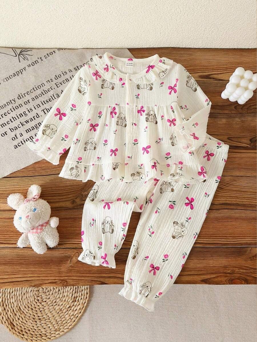 2pcs Baby Girls Long Sleeve Cardigan Top And Pants Homewear Set, Woven Fabric, Cute Rabbit & Bow Pattern - Multicolor - View 1