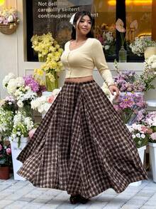 SHEIN EZwear 大码复古长款格子棕色休闲裙 - 棕色 - 查看 4