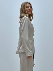 V Plunge Collared Buckle Waist Detail Oversized Blazer Cute Sexy Office Coolgirl Suit Spring Summer Boxy Oversized Belted Blazer Jacket Coord Top Only - Cream - View 3