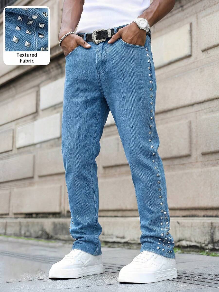 Manfinity EMRG Quần jean denim nam thường ngày kiểu dáng casual, có đinh tán và túi xéo. - Rửa nhẹ - Xem 1