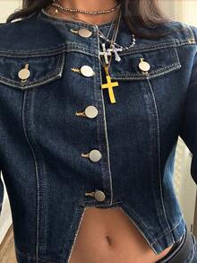 StreetHx 休闲街头风纽扣牛仔长袖上衣 - 中等水洗藍 - 查看 2