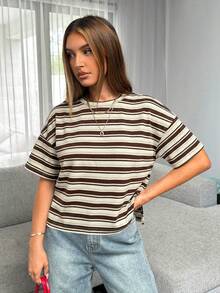 Siren Gaze 女士条纹圆领落肩短袖休闲T恤 - 棕色 - 查看 4