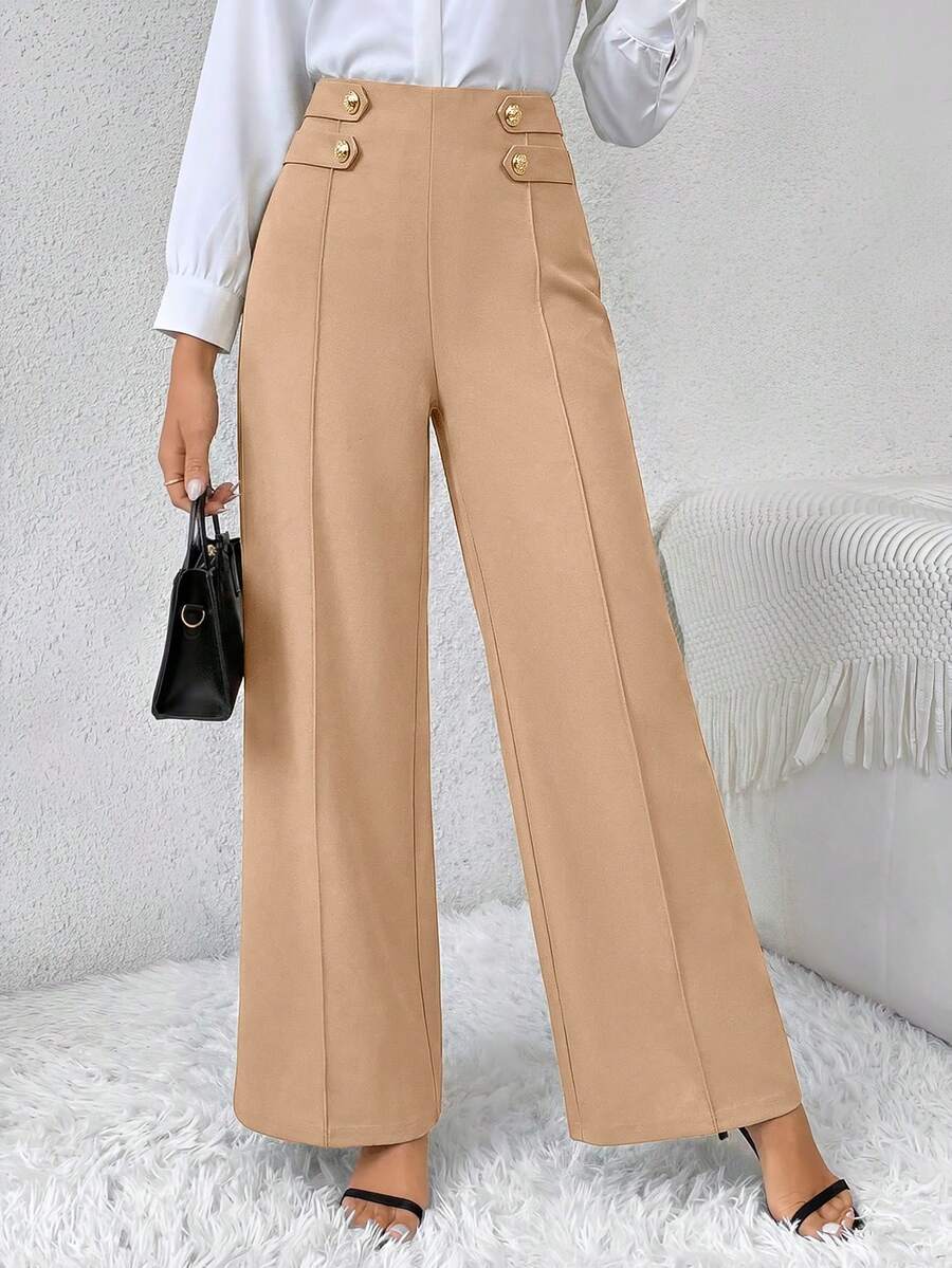 SHEIN Frenchy High Waist Button Detail Wide Leg Baggy Elegant Pants - Khaki - View 1