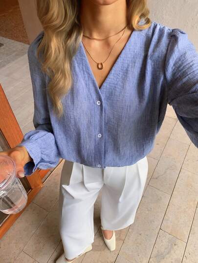 Elyressa Camisa casual de mujer de cuello en V de manga larga tejida en gris azulado