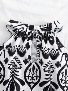 SHEIN Girls' Print Sleeveless Hollow-Out Waist Dress, Suitable For Summer Beach Holiday, Black & White - Black and White - View 2