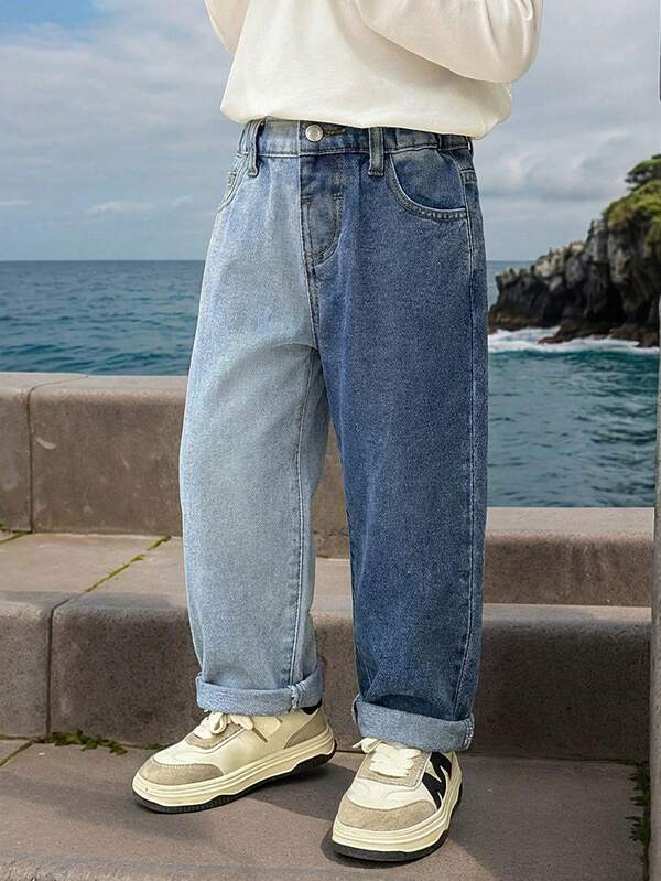 SHEIN Young Boy Spring Summer New Fashion Casual Soft Two-Tone Color Blocking Blue Denim Loose Fit Tapered Jeans,For Young Boy Spring/Summer Dailywears,For Young Boy Vacations,Young Boy Streetwear,Beach Partys For Young Boy,For Young Boy Birthday Party And Summer Holidays,Casual For Young Boy,Summer Jeans,Toddler Jeans,Spring Jeans