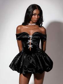 New Year & Valentine's Day Party/Date Off-Shoulder Rhinestone Bow Decor Bodycon Mini A-Line Dress Y2k Dress Black Satin Dress - Black - View 3