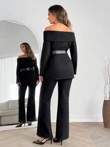 EURMUSE Off-Shoulder Belted Button Front Blazer & Wide Leg Pants Two Pieces Set - Black - View 2