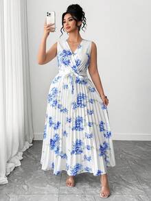 Elenzga 大码女士优雅印花褶皱连衣裙 - 彩色 - 查看 1