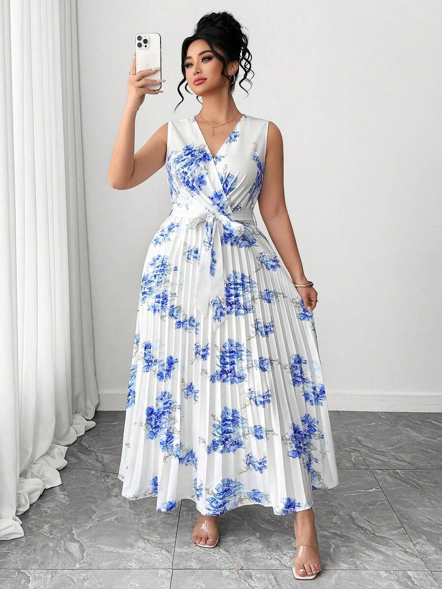 Elenzga 大码女士优雅印花褶皱连衣裙 - 彩色 - 查看 1