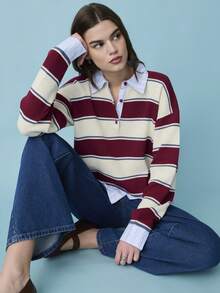 Nöista 休闲宽松版型 Polo 衫，带内衬衬衫，半拉链插肩长袖 - 酒紅色 - 查看 1