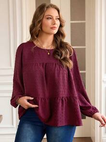 Rosumi 大码女式休闲宽松灯笼袖荷叶边下摆衬衫 - 酒紅色 - 查看 3