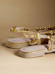 Rosivie 女士平底凉鞋，金色编织带闭趾平底鞋 - 香檳金 - 查看 4