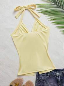 Modelyn 性感V领扭结露背吊带修身针织上衣（女款） - 黃色 - 查看 2