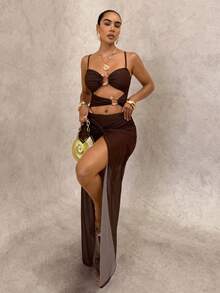 Glamine 纯色性感镂空沙滩长裙 - 棕色 - 查看 6