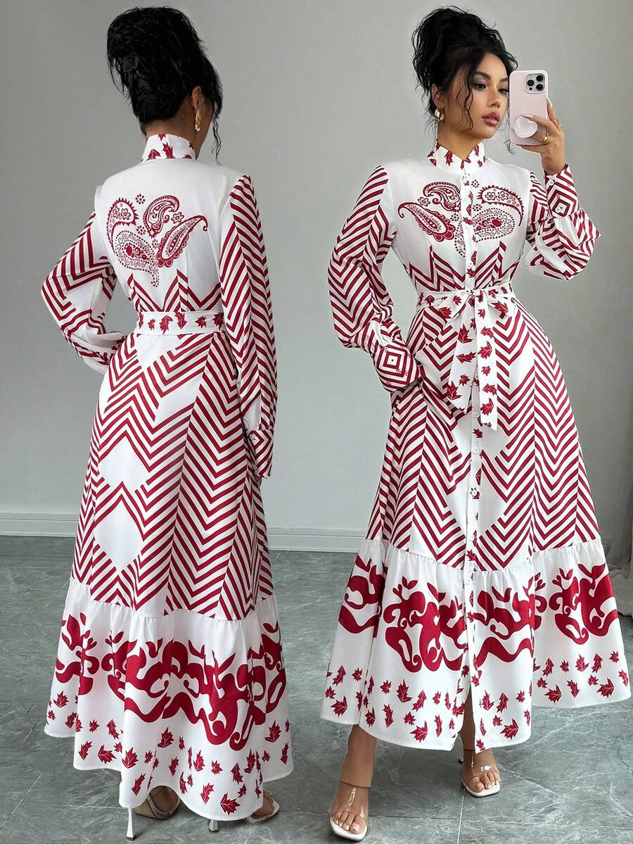 Elenzga 女士优雅时尚通勤休闲舒适迷人复古简约高端浪漫假日长袖立领蝴蝶结腰带抽绳A字下摆印花连衣裙 - 紅白色 - 查看 1