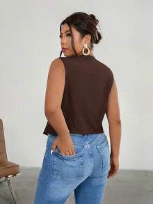 Firerie Plus Size Women Summer Solid Color Lace Splicing Deep V-Neck Fitted Vest Jacket In Fall/Winter - Coffee Brown - View 2
