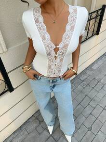 Siren Gaze 女士优雅纯色蕾丝拼接衬衫，夏季 - 白色 - 查看 4