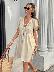 Serisse Women's Embroidered Hollow-Out Puff Sleeve Fashionable Mini Dress,French Sweet V-Neck Hollow Embroidery Puff Sleeve Dress, Lace Patchwork Design,Slim High-Waist A-Line Skirt, Doll Shirt Style,Summer Stylish Niche Short Skirt,Holiday Dress,Women Vacation Dress,Summer Holiday Outfits,Beach Dress,Elegant Summer Resort Dress - Apricot - View 5