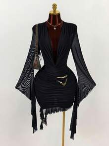 Amplova 女士长袖绿色修身无袖网纱迷你连衣裙，荷叶边设计和挂脖领口，适合秋冬季、新年、圣诞节、万圣节、情人节等场合的派对礼服 - 黑色 - 查看 5