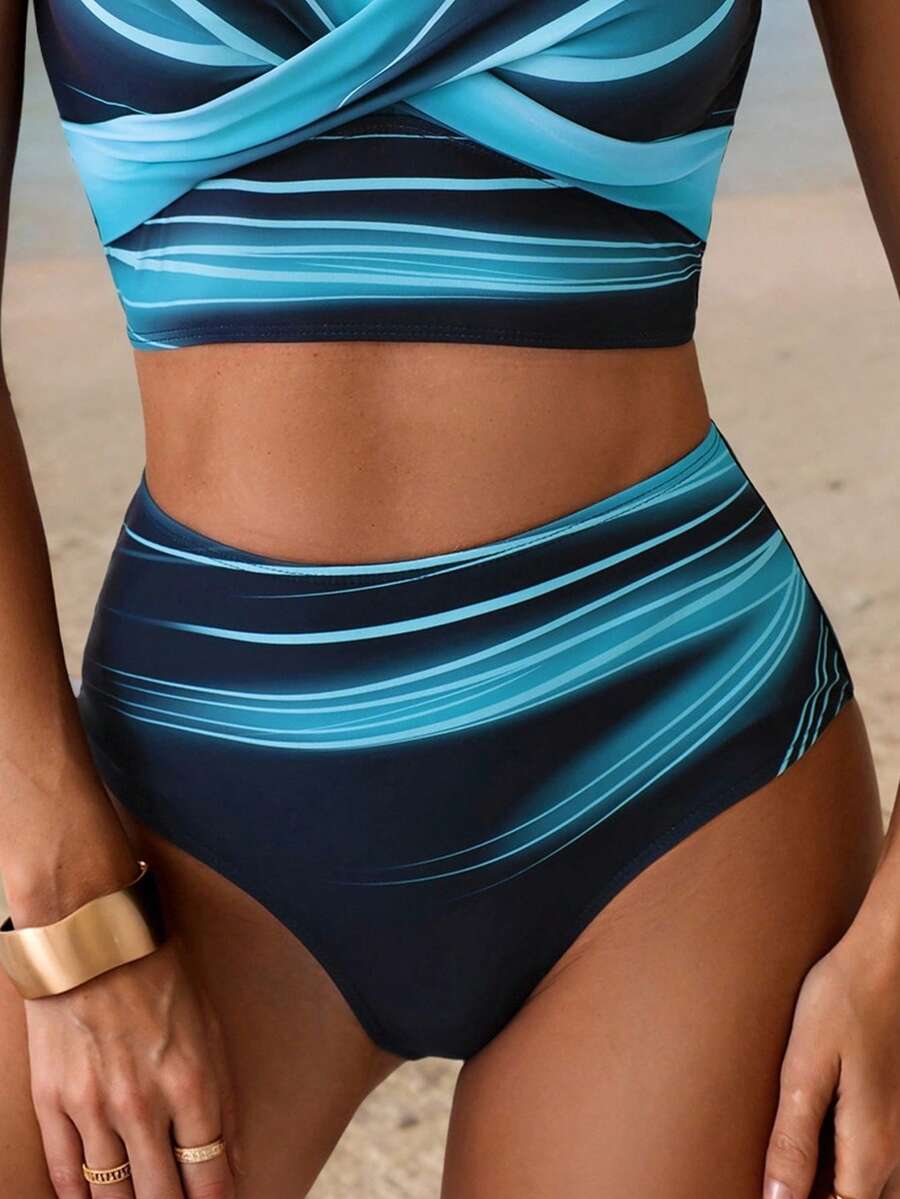 Swim Lushoire 1件装女士比基尼泳裤，欧美风格渐变印花高腰比基尼泳裤，适合夏季海滩穿着 - 彩色 - 查看 1