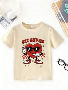 Young Boys' Casual Fashionable Creative Personalized Refreshing Simple Cute Digit 67 Cartoon Character Plaid Pentagram Star Graphic Letter Slogan Print Comfortable Basic Short Sleeve T-Shirt, Suitable For Spring, Summer, Autumn, Valentine's Day Cartoon Shirts For Kids Boy T Shirts Ice Cream Shirt Boys - Beige - View 2