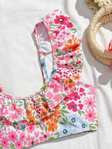 2pcs Tween Girls Colorful Floral Print Ruffled Elastic Comfortable Summer Swimsuit Set 2pcs Tween Girls Printed Swimwear Flower Bikini Girls Tween High Waisted Floral Swimsuit Flower Swimsuit Girls High Waisted Floral Swimsuit Kids Floral Swim 2pcs Girls Printed Swimwear - Pink - View 6