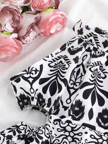 SHEIN Girls' Print Sleeveless Hollow-Out Waist Dress, Suitable For Summer Beach Holiday, Black & White - Black and White - View 7